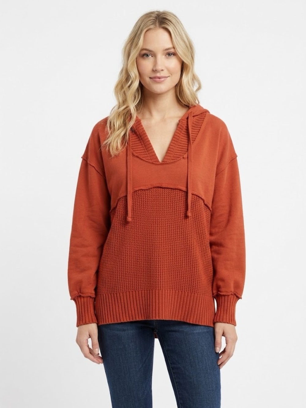 Time and Tru Terracotta Rust Mixed Knit Hooded Sweater Medium